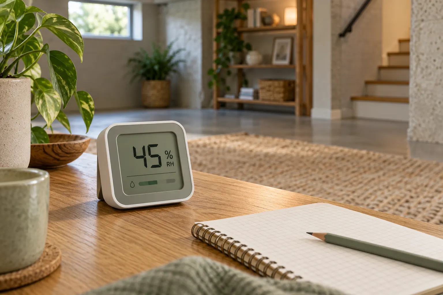 A hygrometer beside a notebook ready for a humidity log